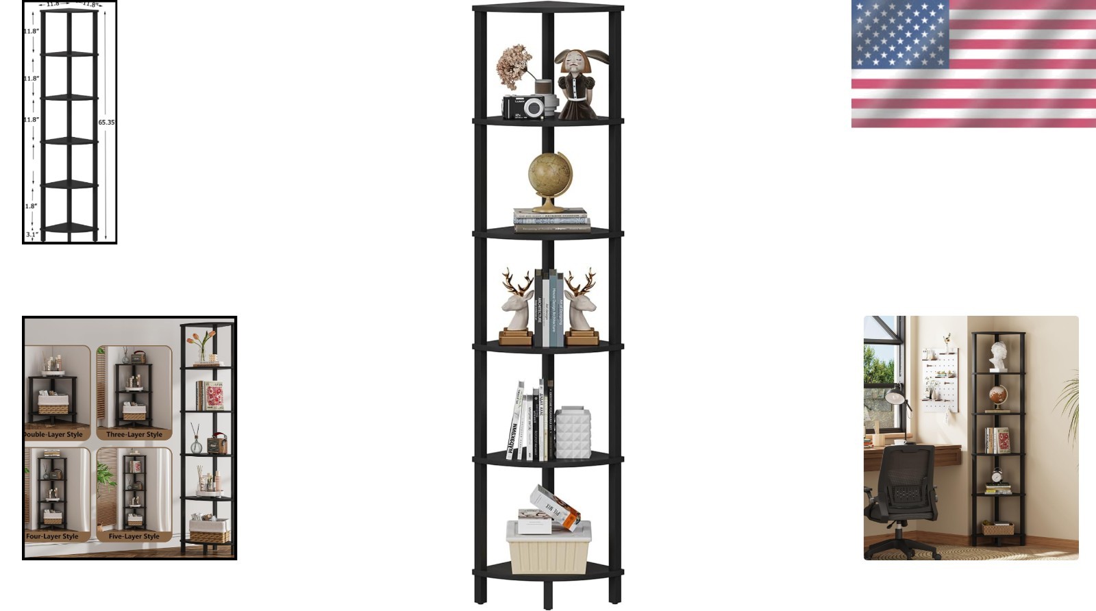 Elegant 6-Tier Industrial Corner Shelf - Customizable Storage Solution