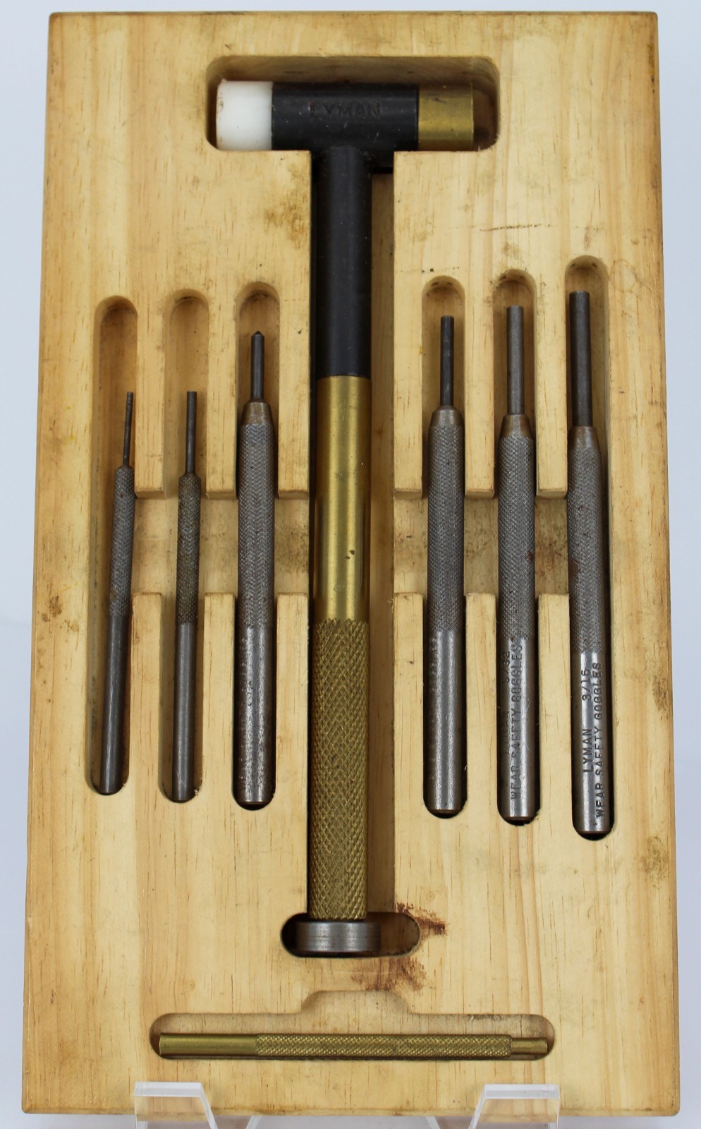 Vintage Lyman Gunsmith Hammer & Punch Set Brass Nylon Hammer w/ Wood Tray USA