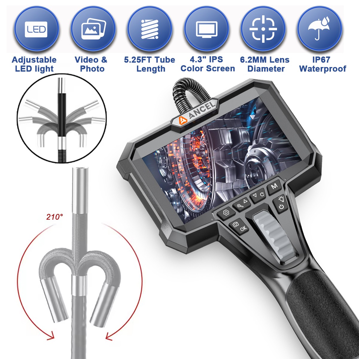 ANCEL AN301 6.2mm Articulating Borescope 2-Way 210° Industrial Endoscope Camera