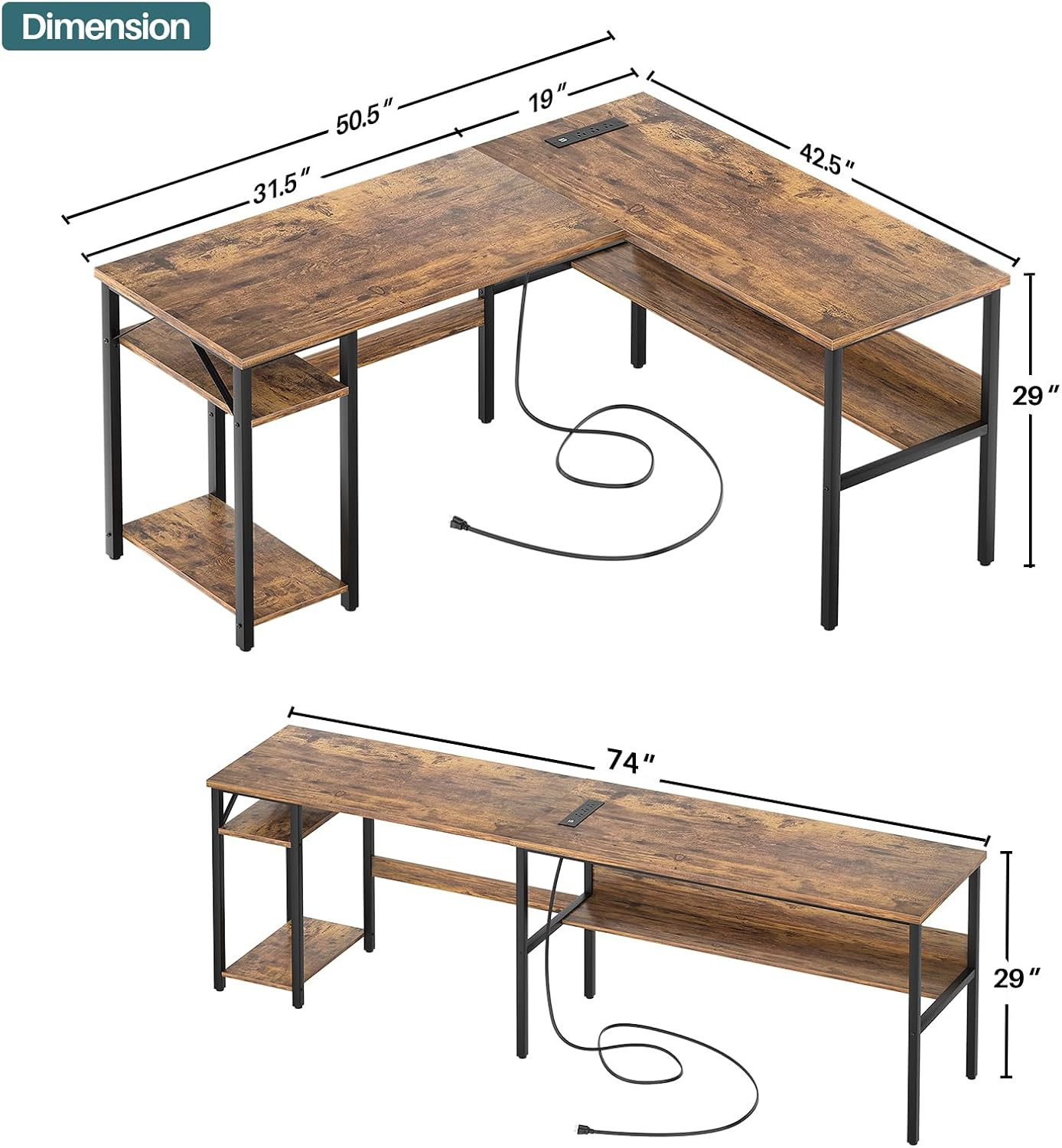 L Shaped Computer Desk with Magic Power Outlets and USB Charging Port, Sturdy Re
