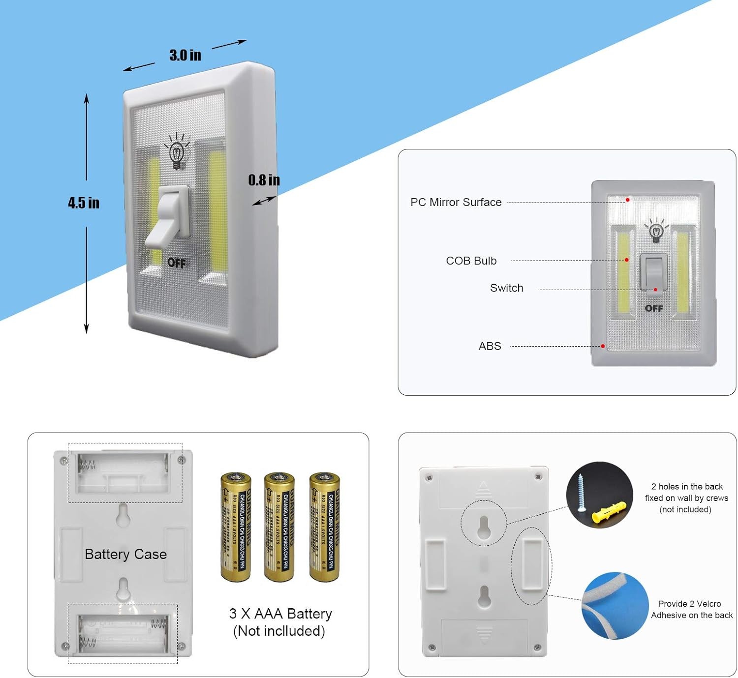 LED Night Light, Battery Powered Light,Cordless COB Switch White