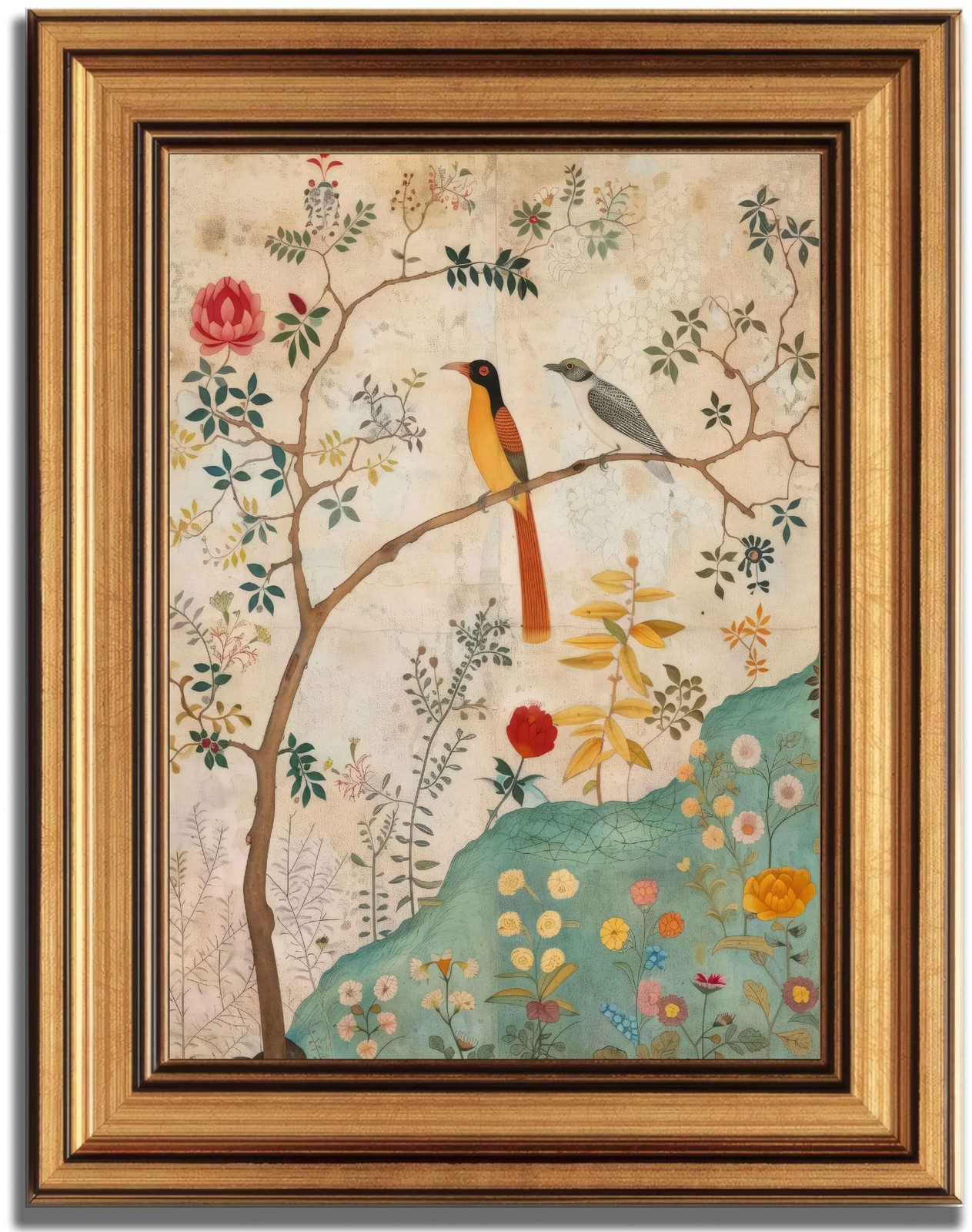 Gold Framed Vintage Floral Bird Canvas Wall Art Boho Plant 16"L x 12"W, plant