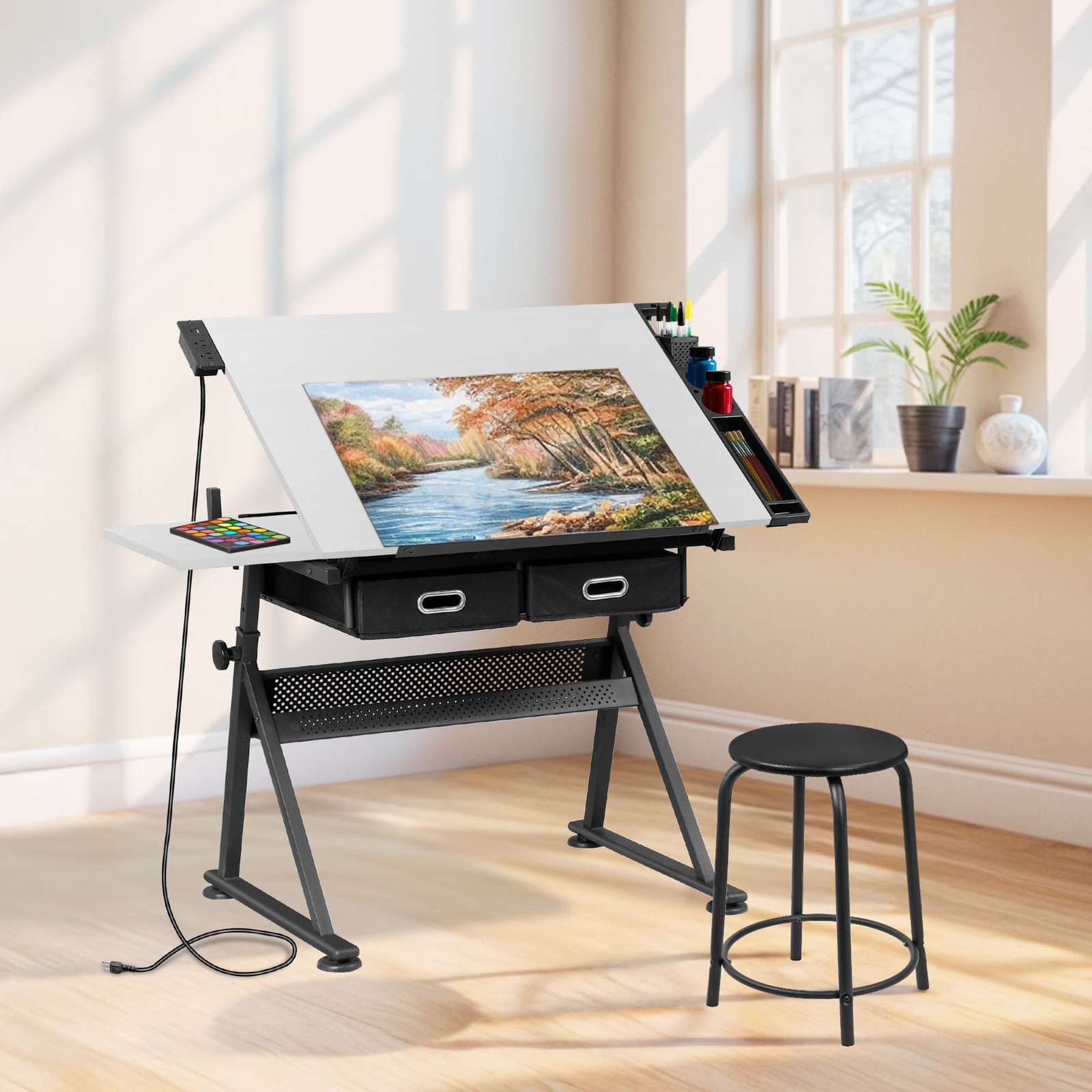 Wooden Drafting Table with Height Adjustable &Tilting Tabletop for Drawing White