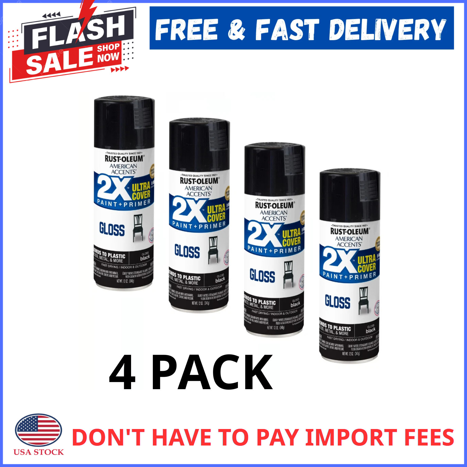 Black, Rust-Oleum American Accents 2X Ultra Cover Gloss Spray Paint 12 oz 4 Pack
