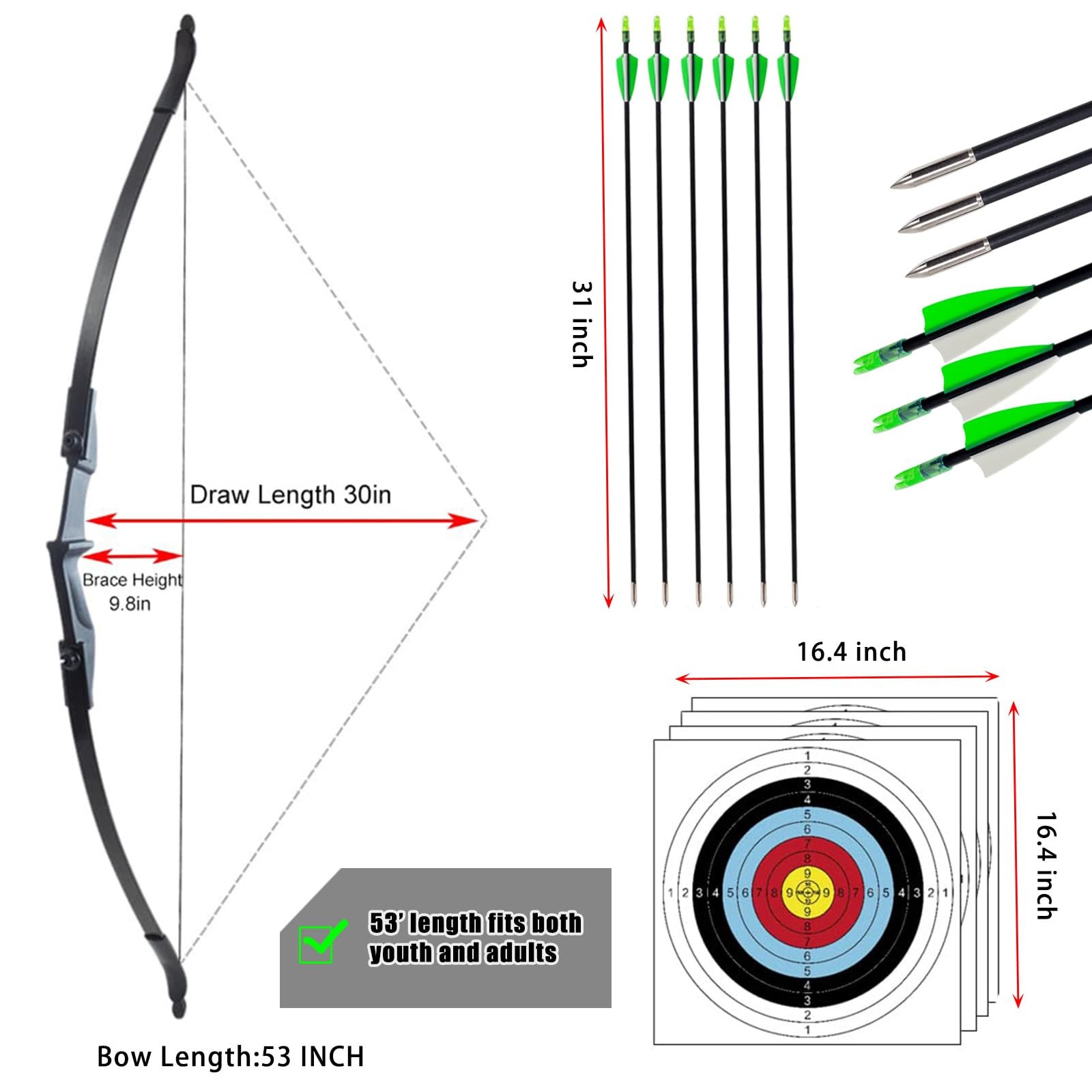 Recurve Bow and Arrow Set for Adults & Youth 20 30 40lb, Takedown Archery Kit...