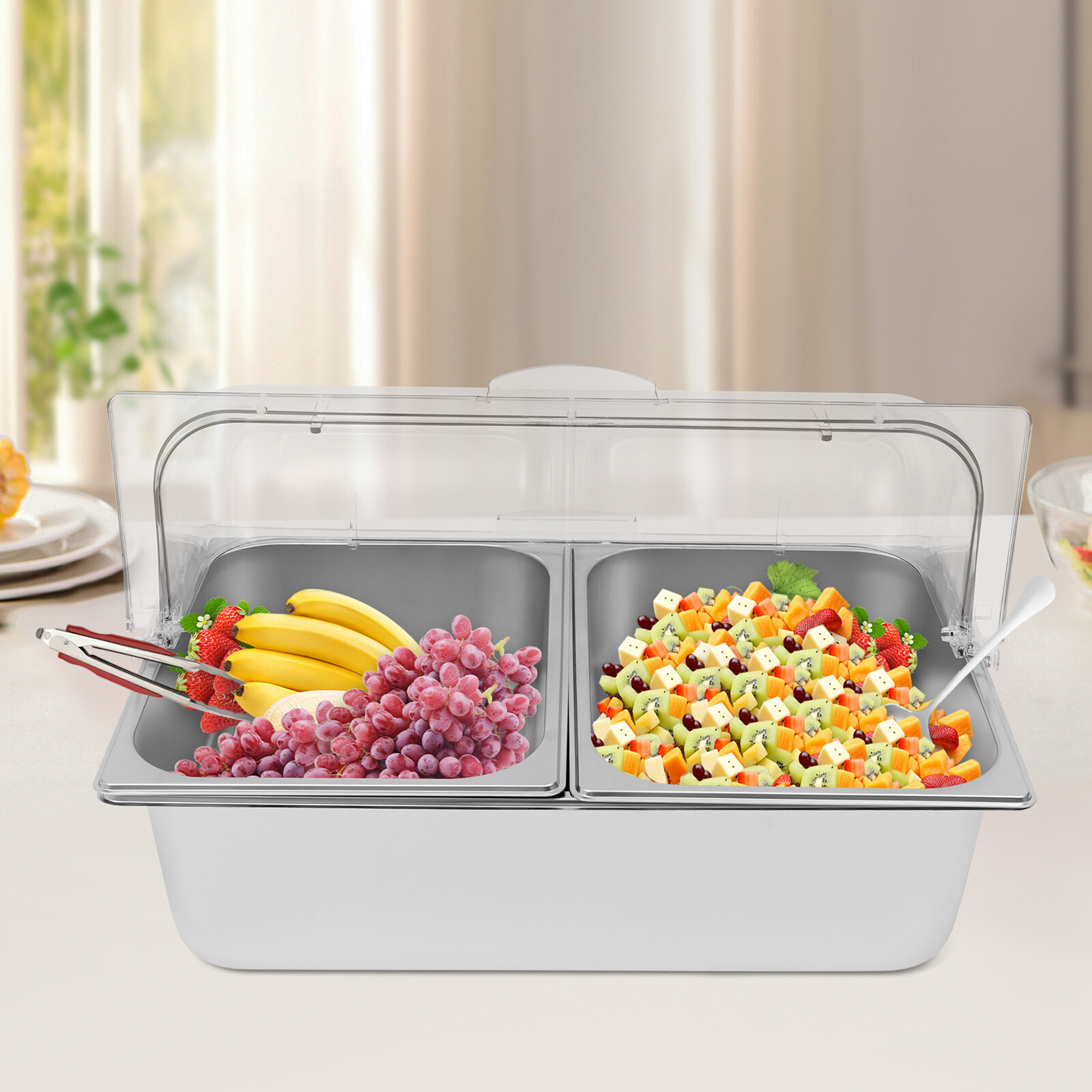 Ice Chilled 2 Compartment Condiment Serving Tray Food Serving Container w/Lid