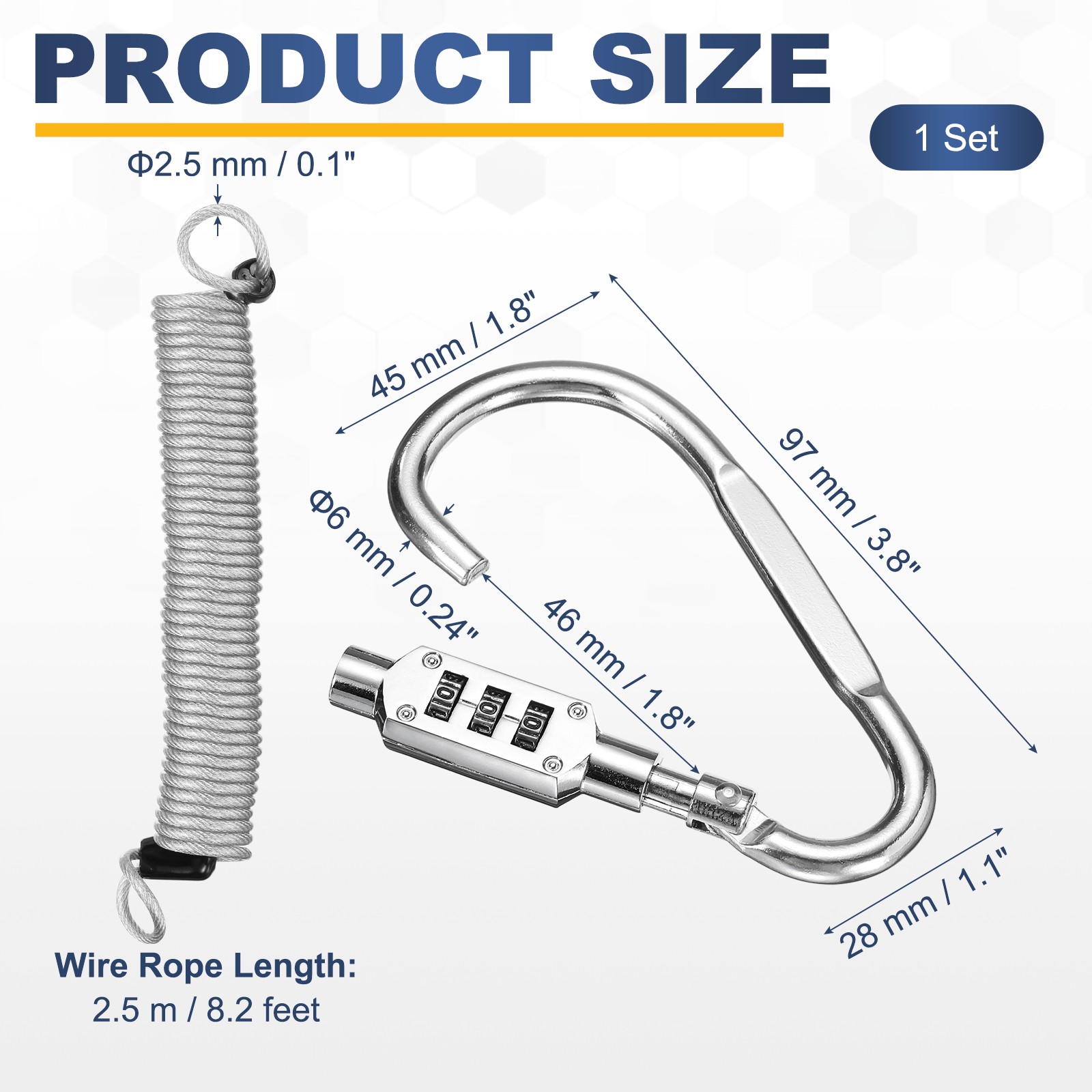 8.2Ft Security Cable Lock Steel Safety Cable with 3.8" Combination Lock Silver