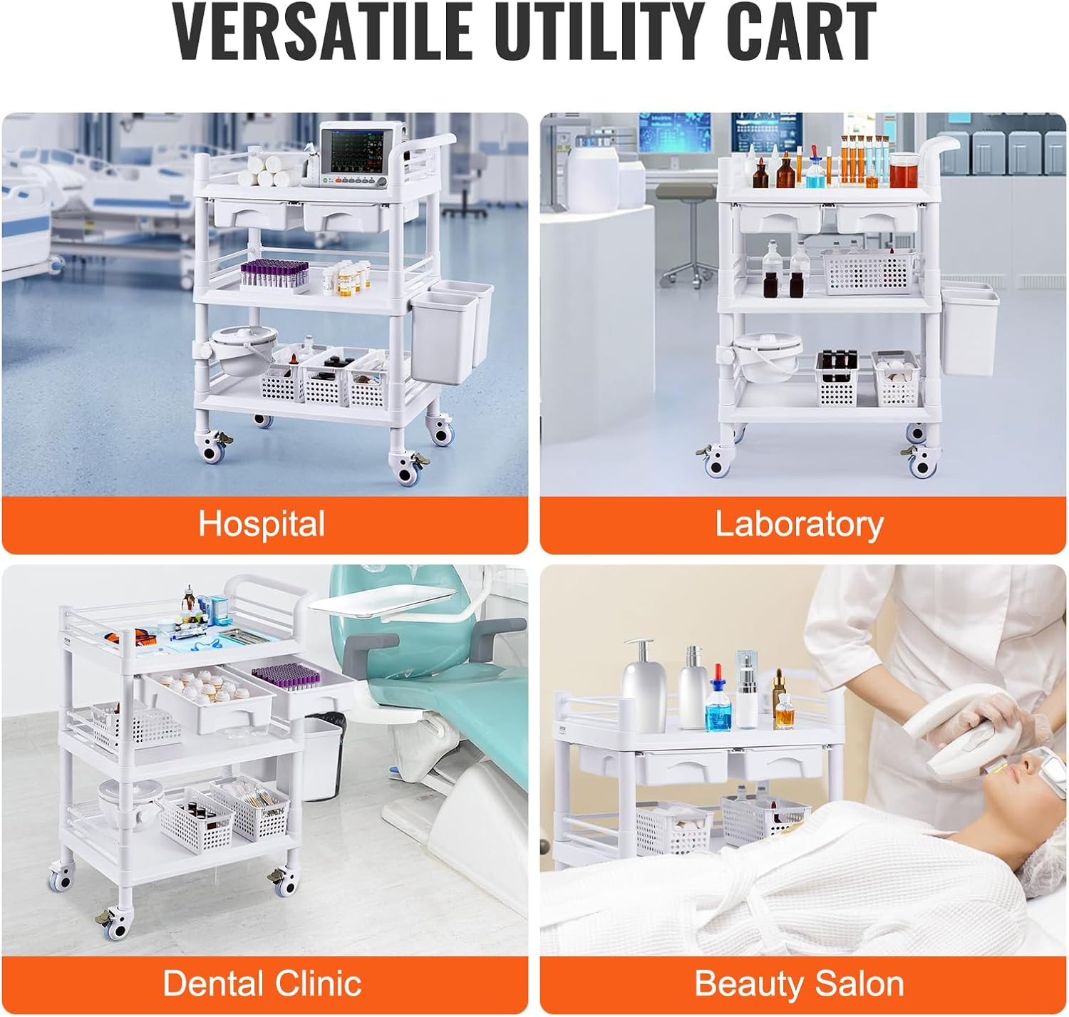 Medical Mobile Trolley Cart with 2 Drawers & 3 Trash Cans, 3 Tiers Beauty Salon