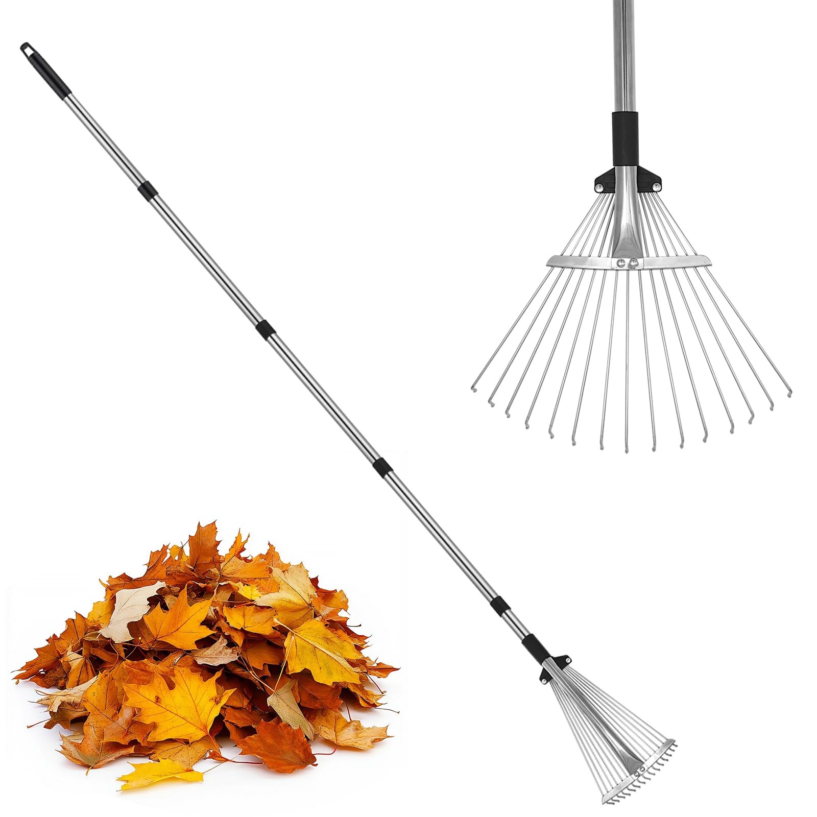 Adjustable MetalLeaf Rake with Telescopic Handle Heavy Duty Yard Tool