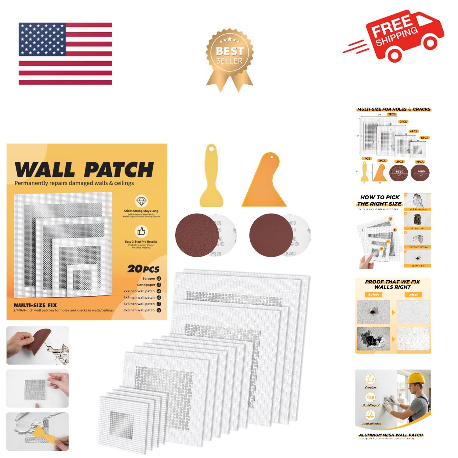 20 Pack Drywall Patch, 2/4/6/8 Inch Drywall Repair Patch, Large Hole Patch Re...