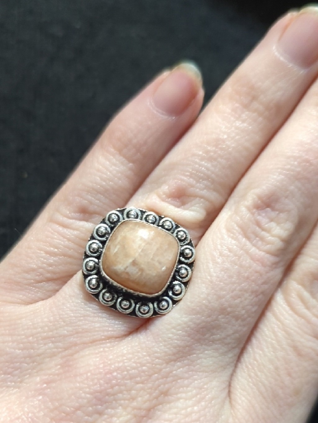 Silver Plated Peach Moonstone Gemstone Square Statement Ring - Size 8