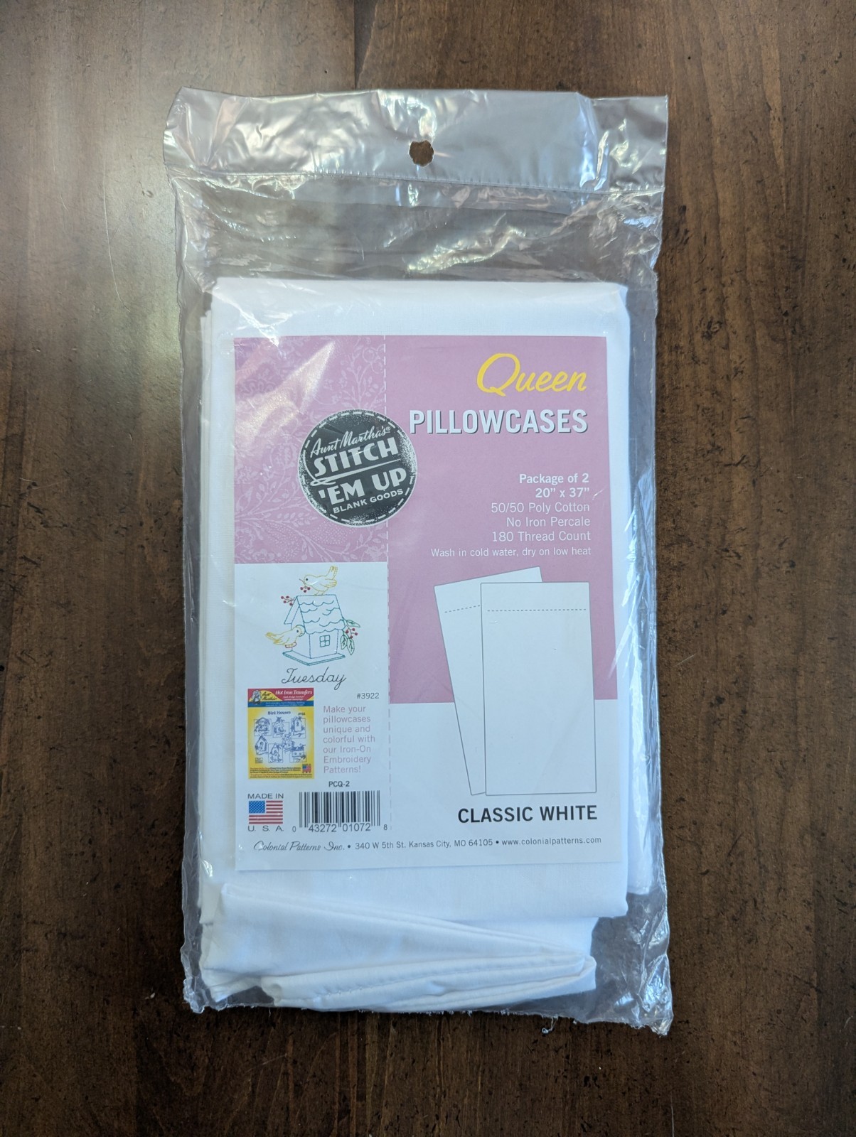 QUEEN size White Pillowcases PKG from "Aunt Martha's STICH'Em up" x Hand Emb NEW