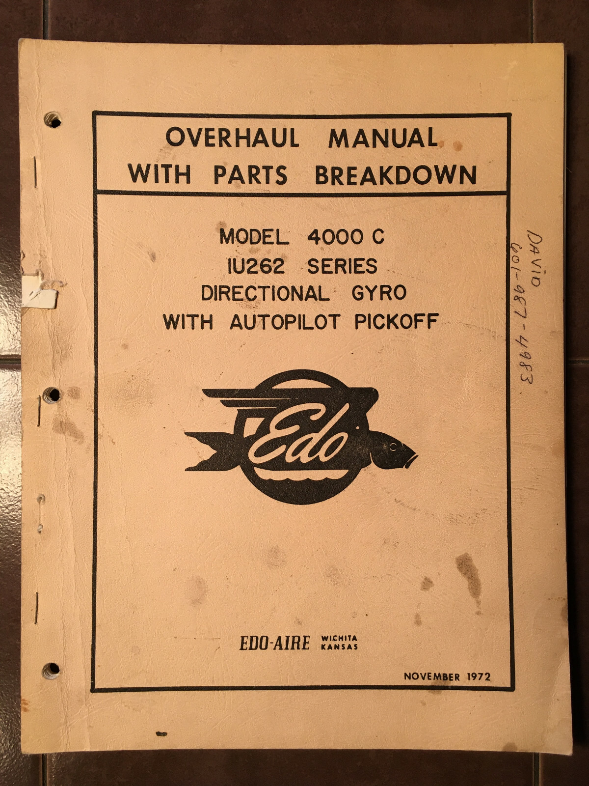 Edo-Aire 4000C Directional Gyro Overhaul & Parts Manual. aka IU262 1U262