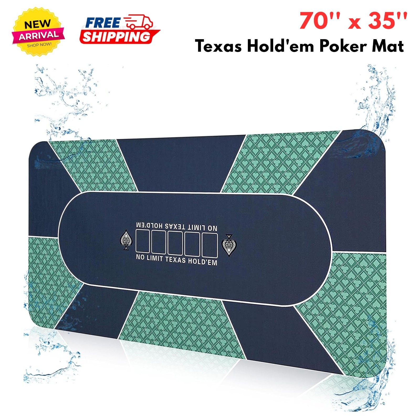 10 Player Rubber Texas Hold'em Poker Table Top Layout Poker Mat, 70'' x 35''