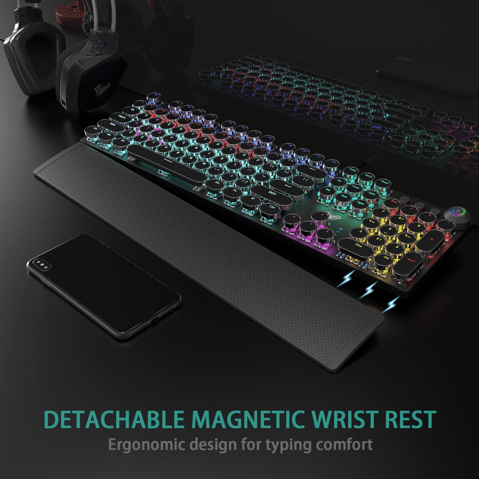 Aula F2088 Typewriter Style Mechanical Gaming Keyboard Blue Switchesrainbow Led