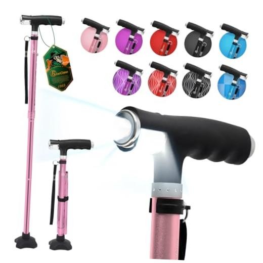 Walking Cane for Women Folding Cane for Men with Two Led Lights Quad Cane Pink