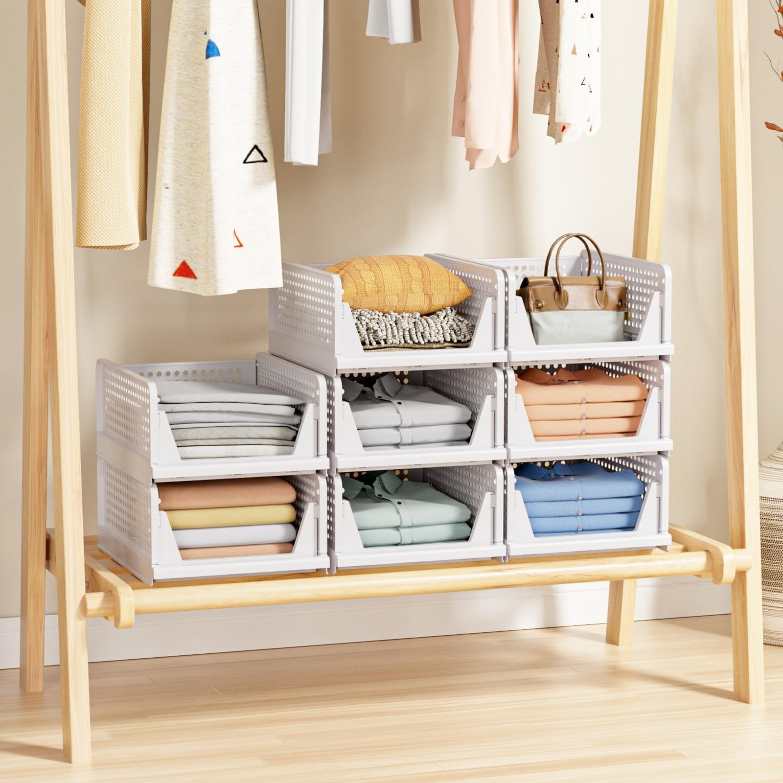 5 Pack Stackable Closet Storage Basket - Stackable Storage Bins, Multifunctio...