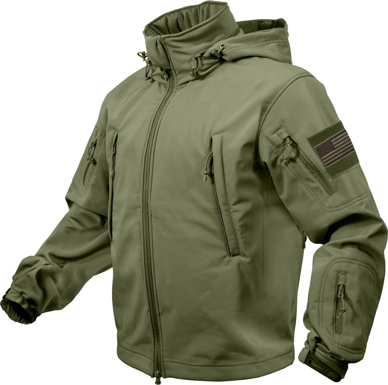 Olive Drab Special Ops Soft Shell Waterproof Military Jacket w/ US Flag Patches