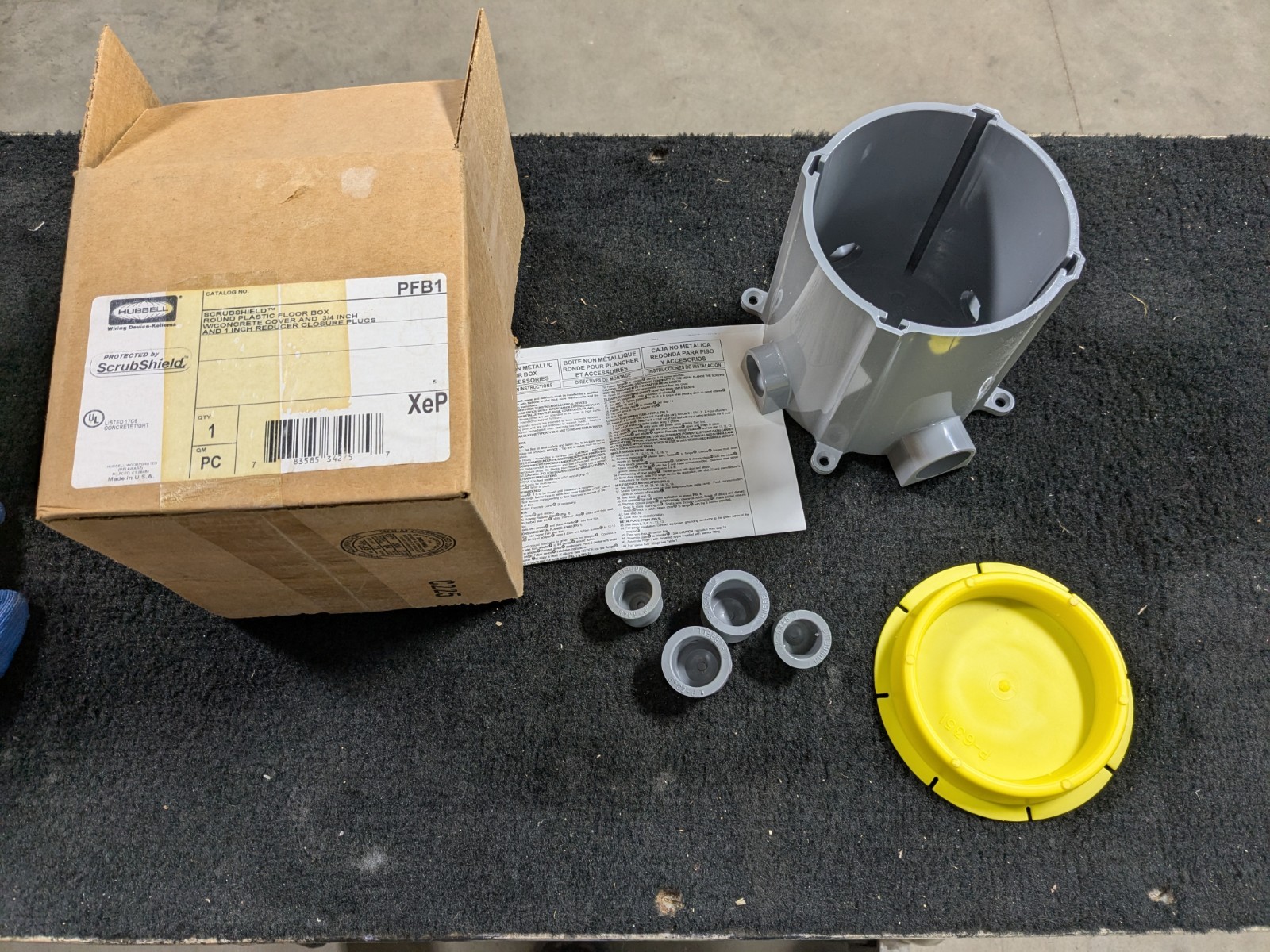 HUBBELL ROUND PLASTIC FLOOR BOX PFB1 WITH CONCRETE COVER 3/4" & 1" REDUCER