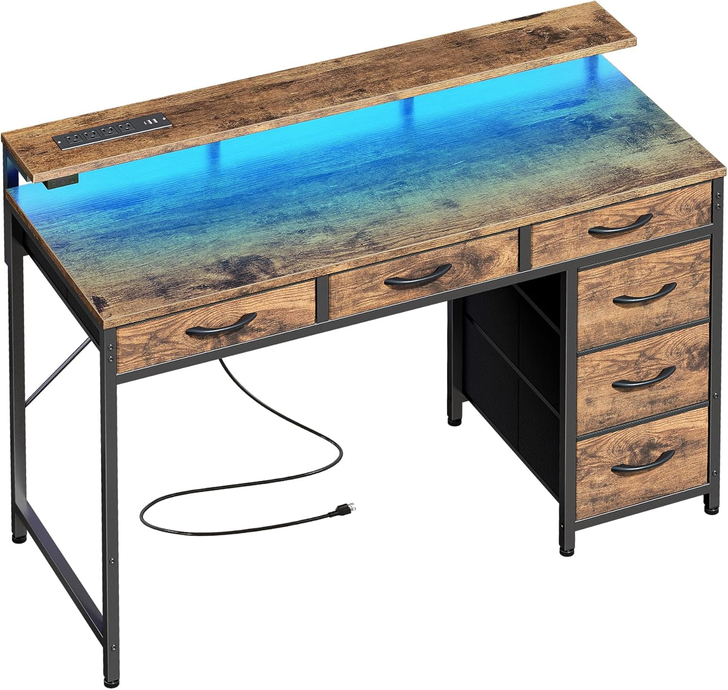 Rustic Brown Gaming Desk with LED, 6 Drawers, Power Outlets & Monitor Stand