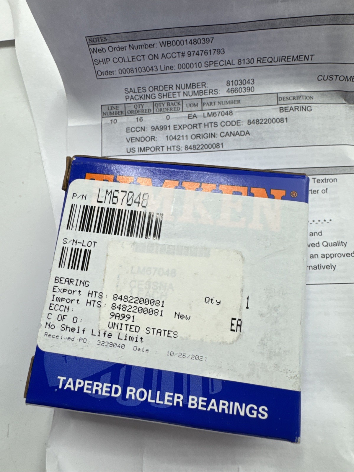 Timken Bearing LM67048-20629 FAA-PMA