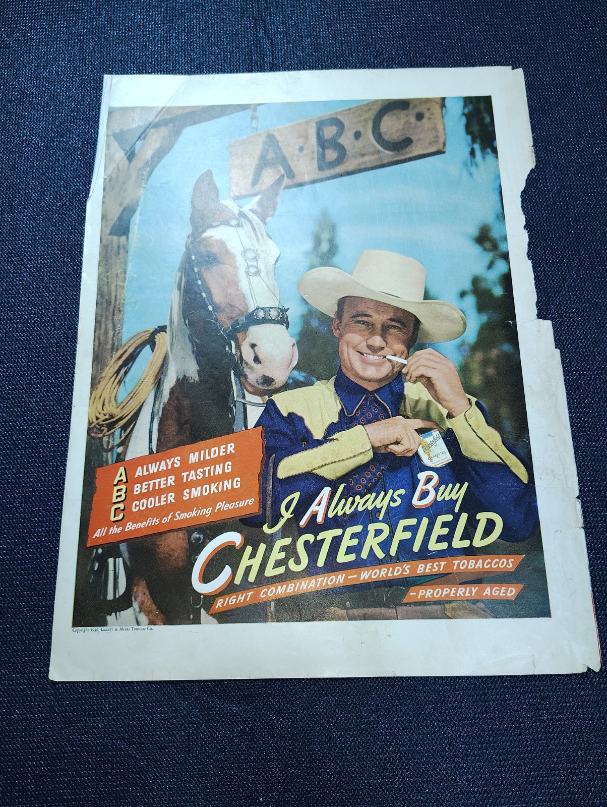 1946 CHESTERFIELD CIGARETTES Genuine Vintage Print Ad Western Cowboy Horse Theme