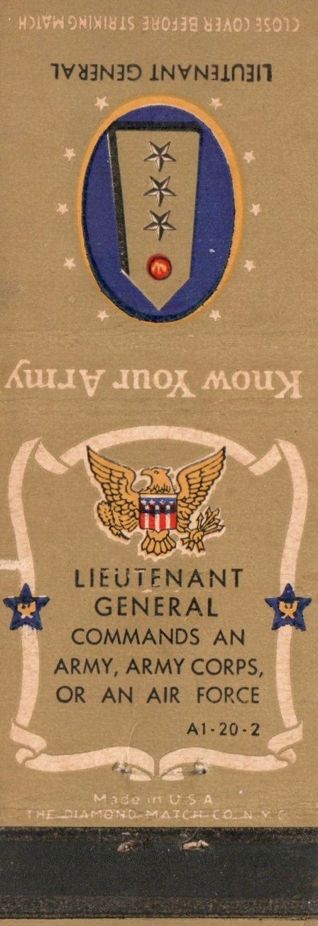 Vintage Matchcover Know Your Army Lieutenant Genral