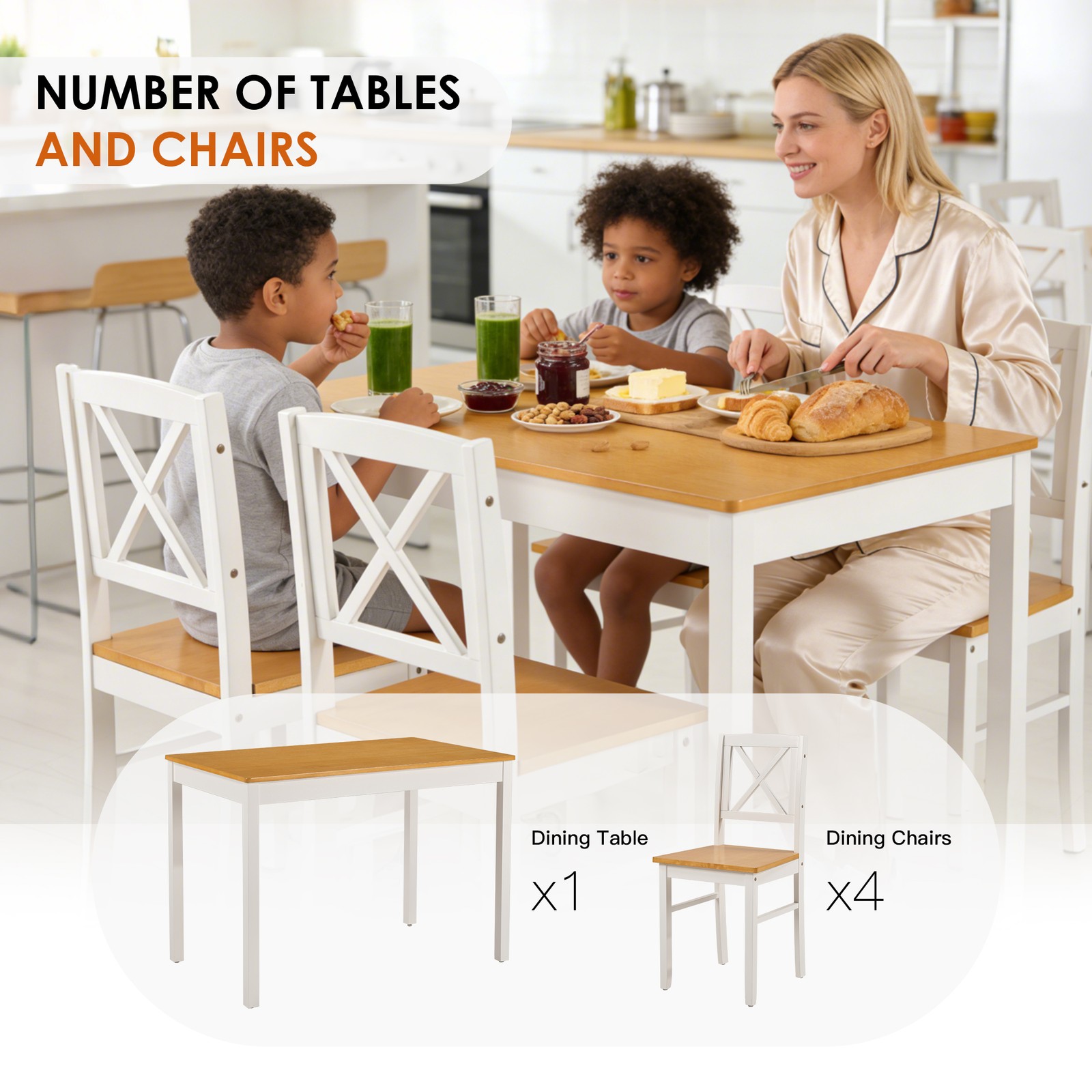 5-Piece Rubberwood Kitchen Dining Table Set with 4 Chairs