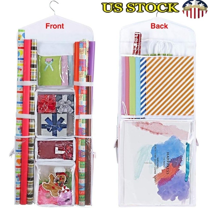 Hanging Closet Organizer Gift Wrapping Paper W/ Storage Compartments & Door Hook