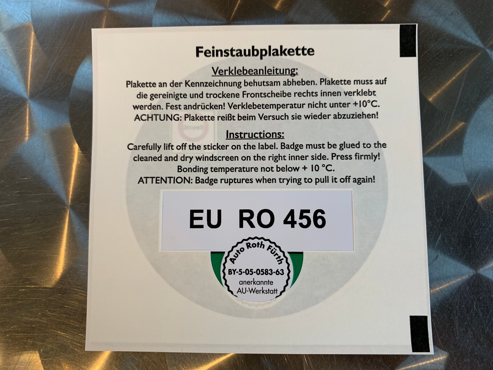 EMISSIONS DECAL - OFFICIALLY APPROVED GERMAN EMISSIONS STICKER ! LASER PRINTED