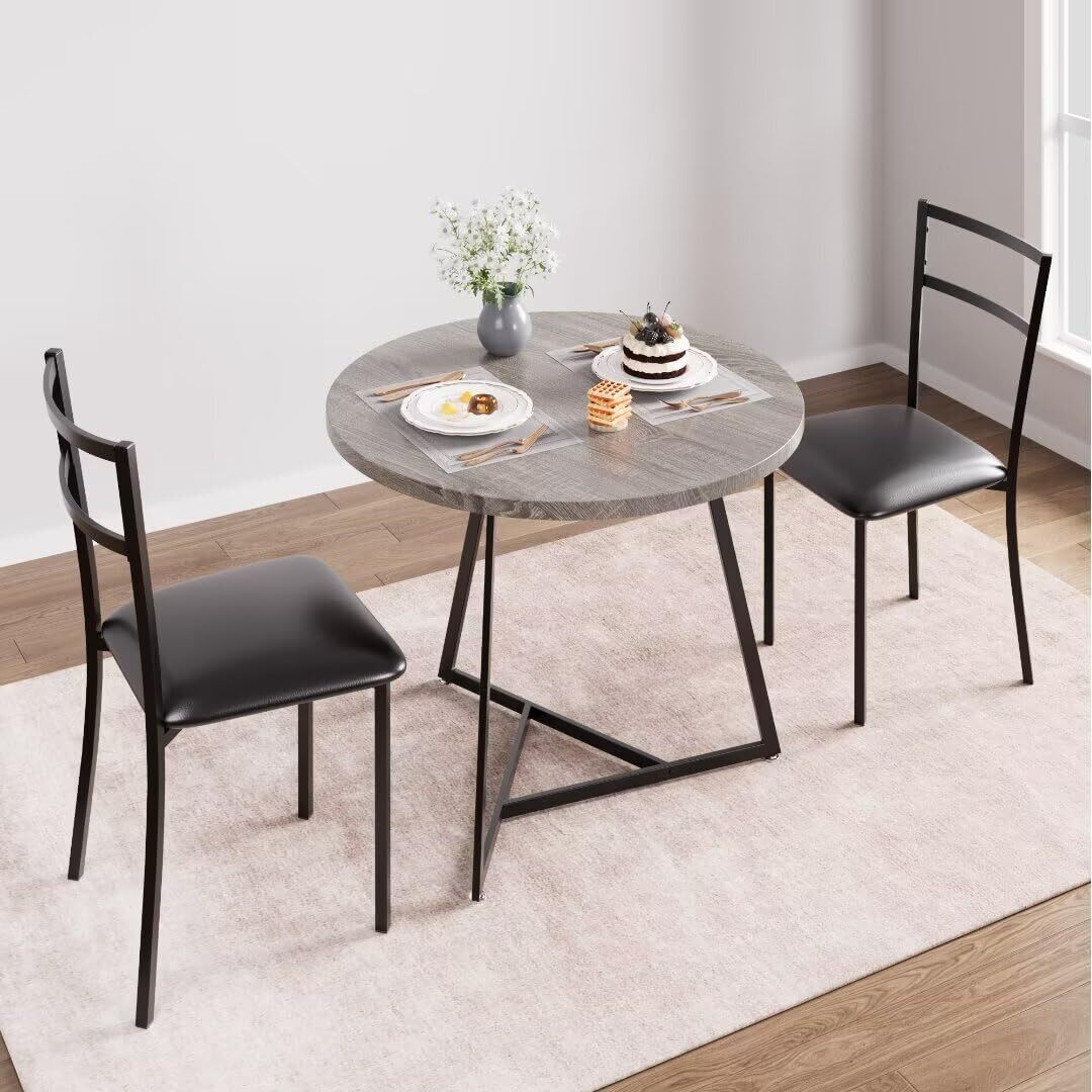 Round Dining Table Set for 2, Kitchen Table with 2 Upholstered Chairs for Small