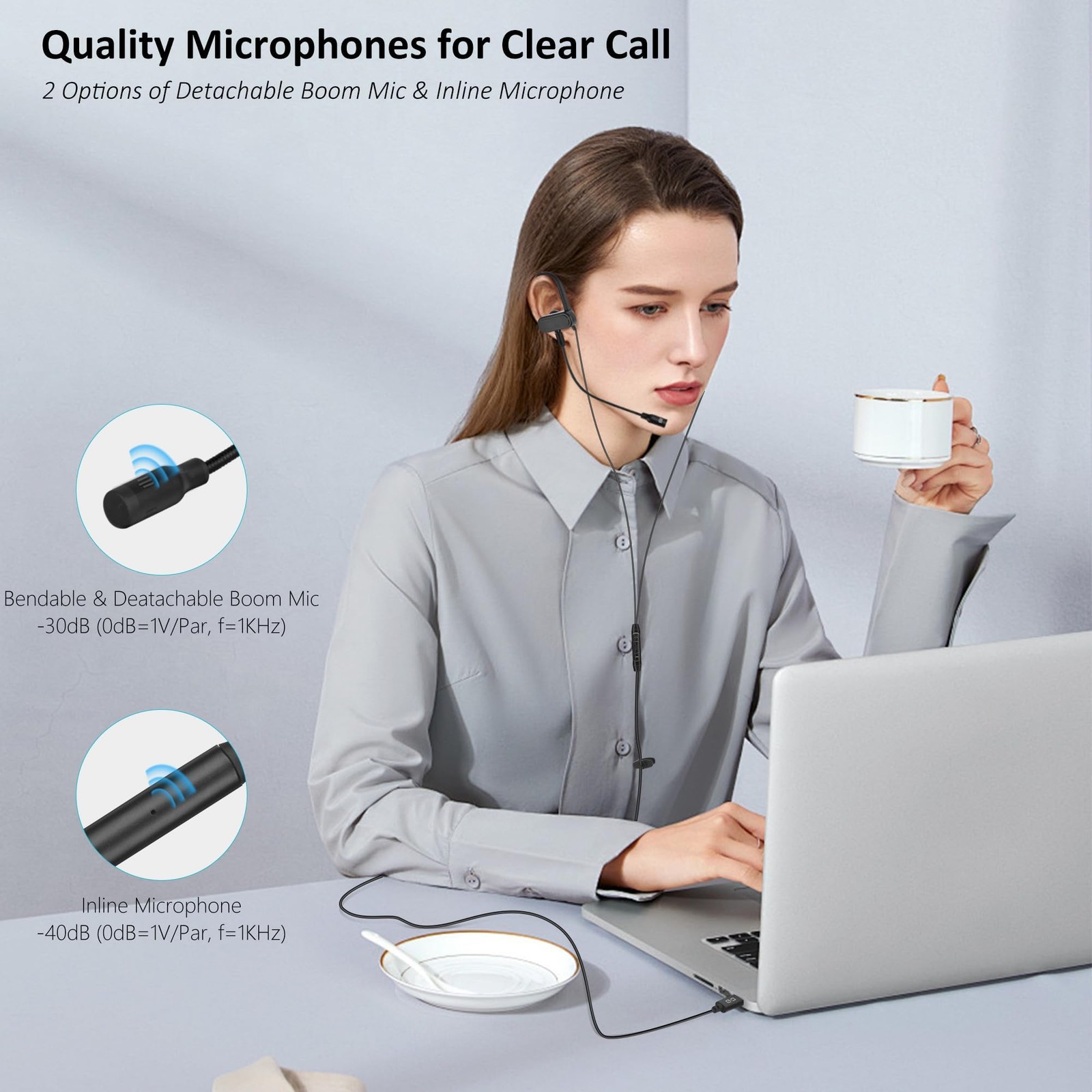 USB C & A Wired Earbuds with Boom Mic for & PC, Ideal for & Work