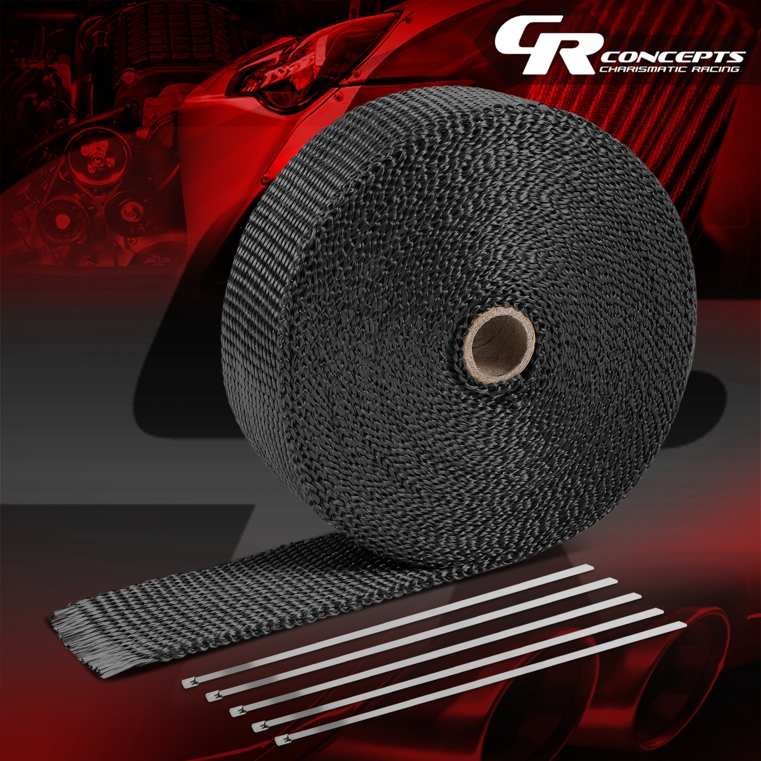 Black 2'' X 50Ft Exhaust Header Heat Wrap Cover Manifold Pipe w/ 5 Steel Ties