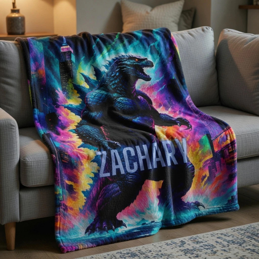 Personalized Monster Flannel Blanket – Psychedelic Kaiju Art Throw