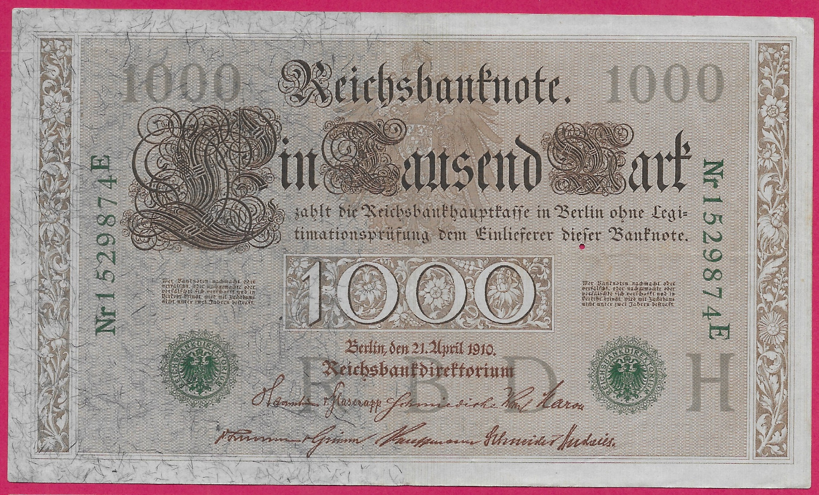GERMANY EMPIRE 1,000 MARK 1910 VF GREEN SERIAL NUMBER AND SEAL,ALLEGORICAL F