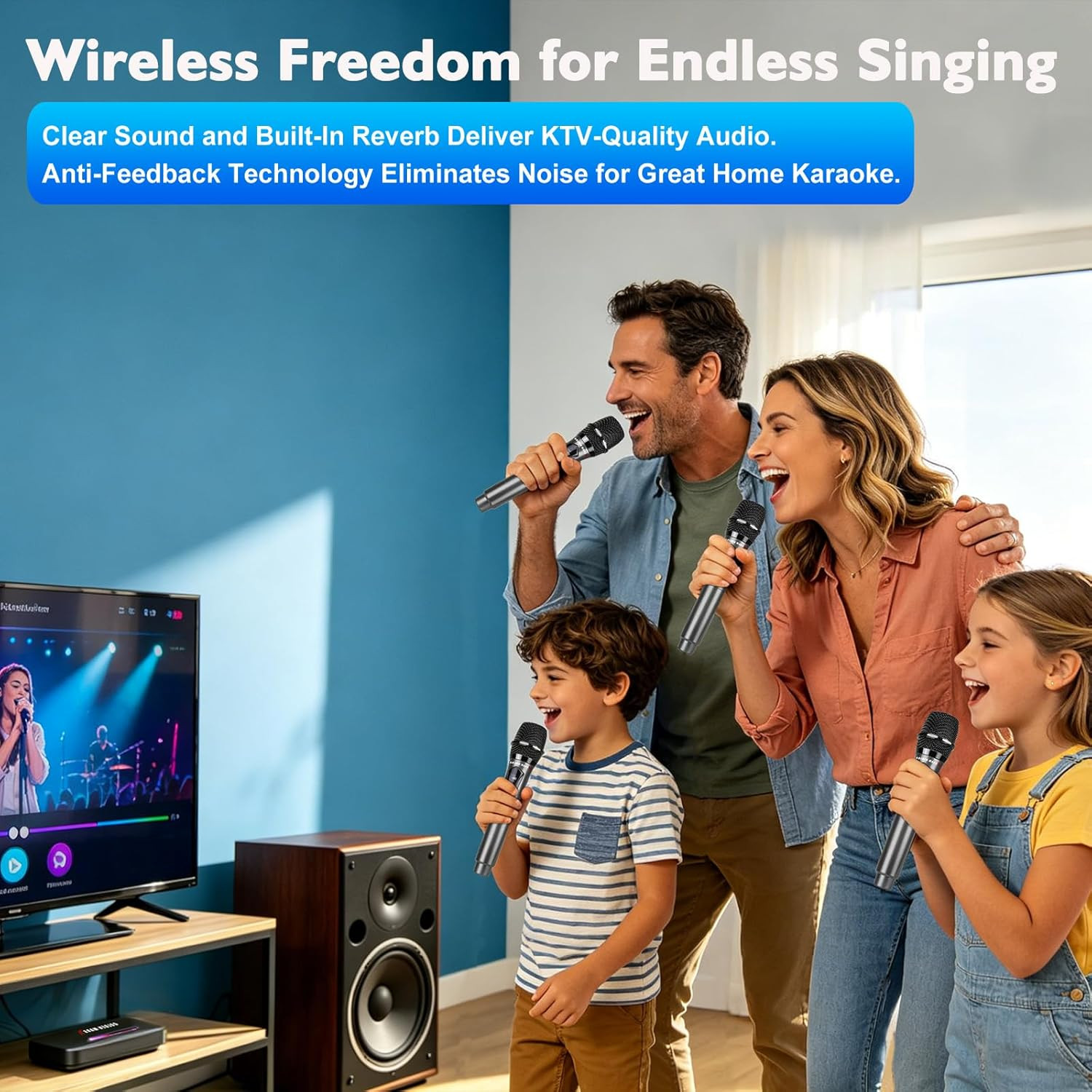 Wireless Microphone Karaoke System with RCA and AUX Audio Interface Output, Supp