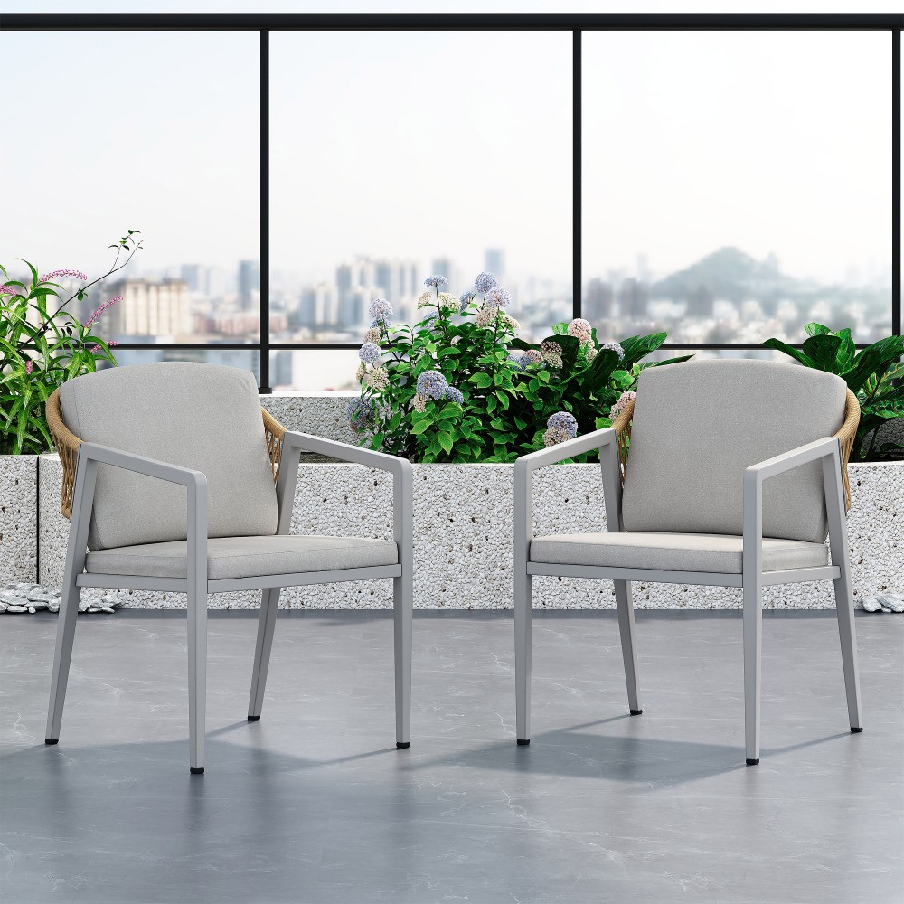 Outdoor Dining Chair Set of 2, Wicker Rattan Patio Chairs w/ Waterproof Cushion