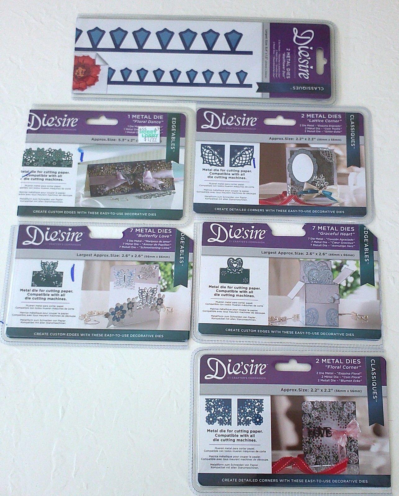 Lot of 6 Die'sire Metal Dies Butterfly Hearts Lattice Floral Wallflower