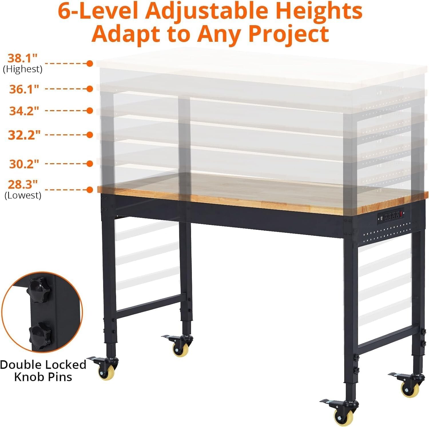 Workbench 60x 22" Worktable Work Bench Mobile Workstation w/Power Outlets Wheels