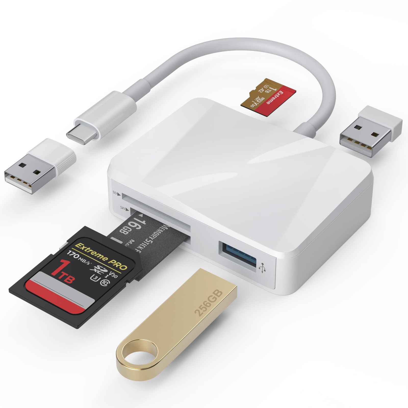 SD Card Reader, 5 in 1 USB-C & USB Adapter with SD/MicroSD/MS and White