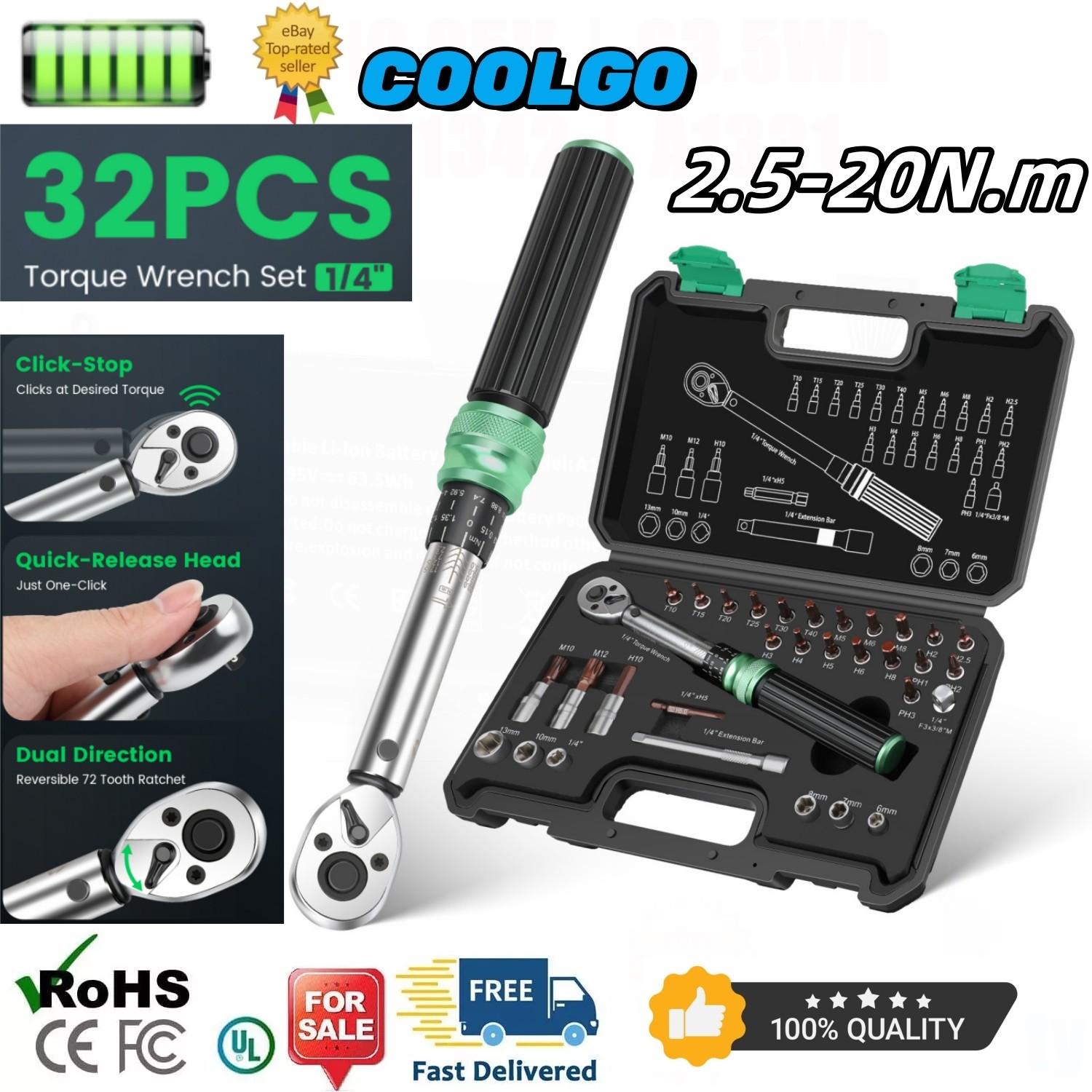 1/4-inch Drive Click Torque Wrench Dual-Range 1.84-14.76 FT.LB/2.5-20N.M