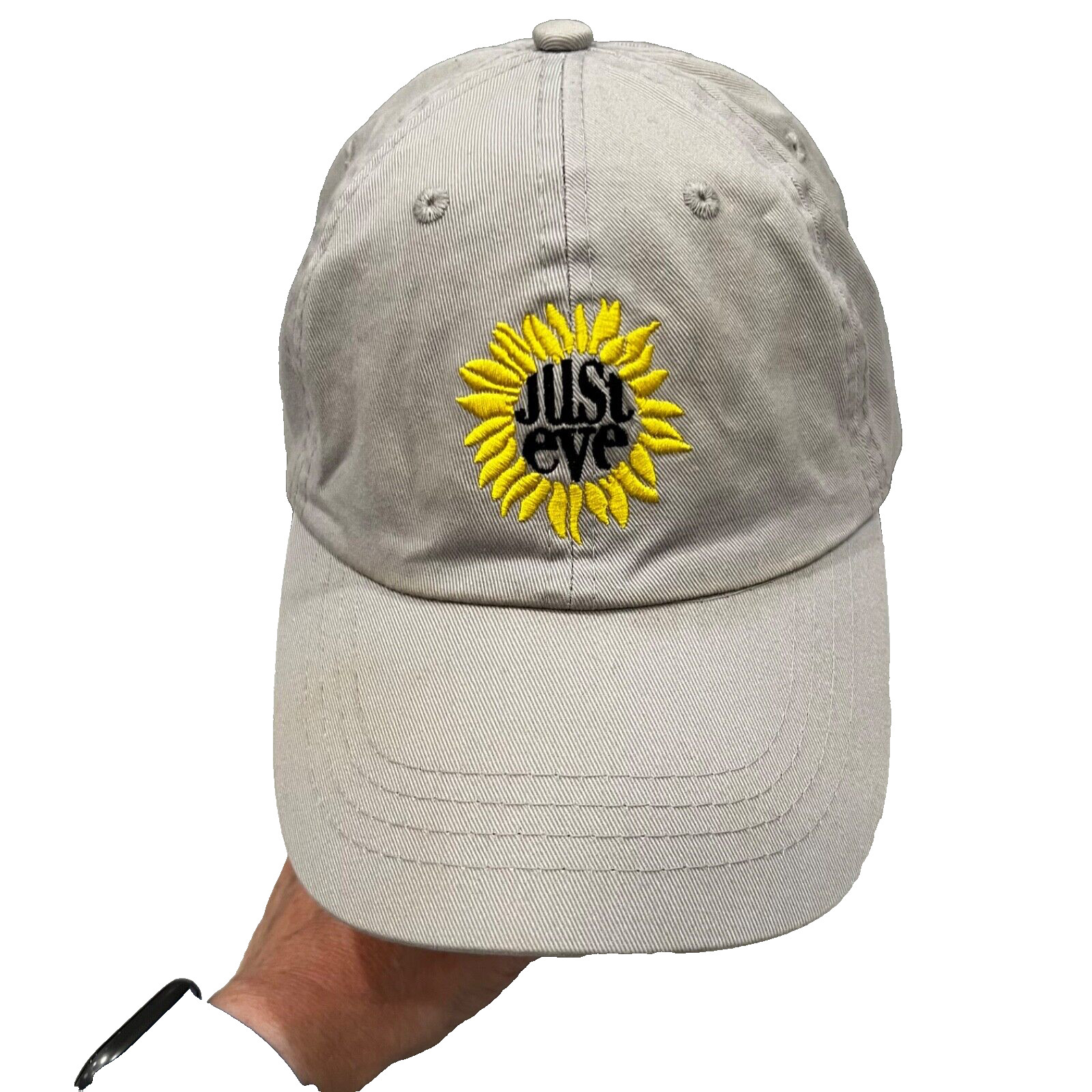 Just Eve w Yellow Flower Petals on Bone Gray Hat Cap Cotton Hook Loop