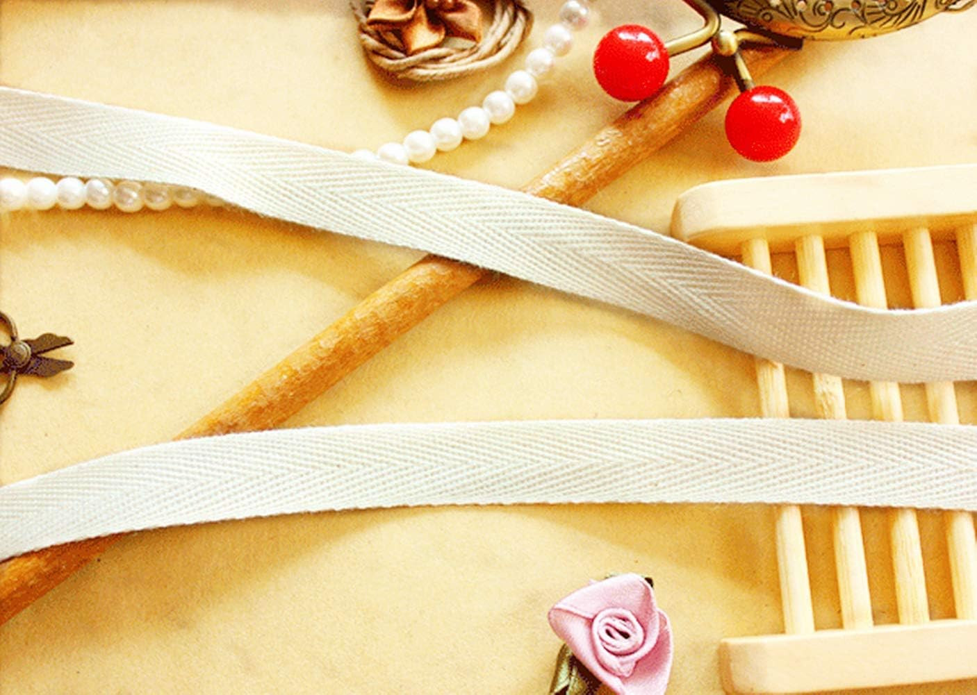 50 Yards Cotton Twill Tape Ribbon 3/4 Inch, Soft Natural Webbing Tape Herringbon