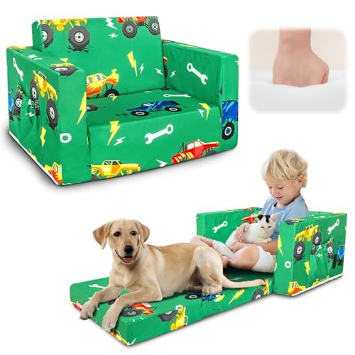 Kids Couch, 2-in-1 Kids Fold Out Sofa, Convertible Toddler Green Monster Trunk