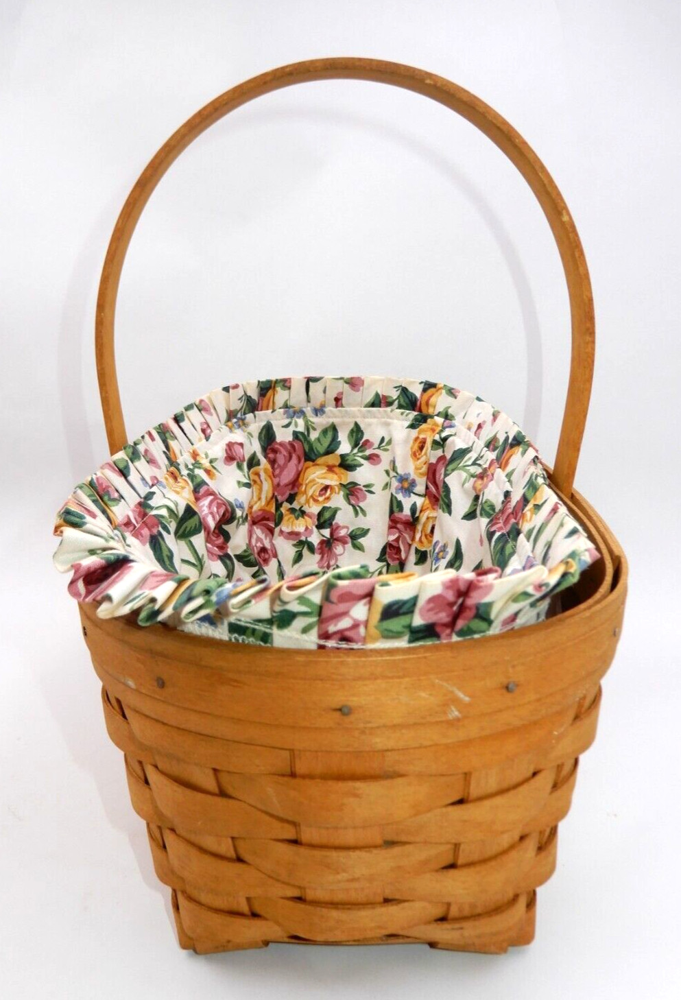 SINGLE HANDLE LONGABERGER BASKET W/ CHORE DIVIDER, PLASTIC & FABRIC LINERS 1999
