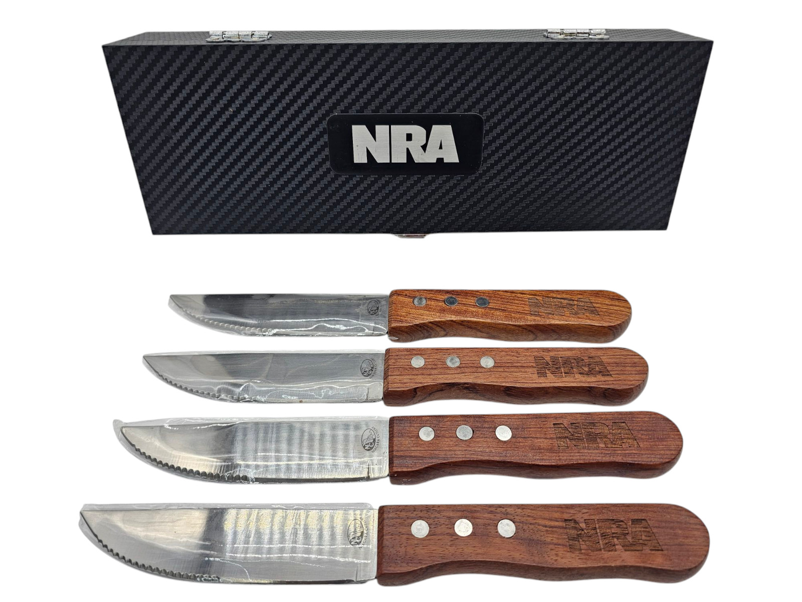 Niagara Cutlery 4 set Steak Knives Rosewood Stain Steel NRA Rifle promo Theme