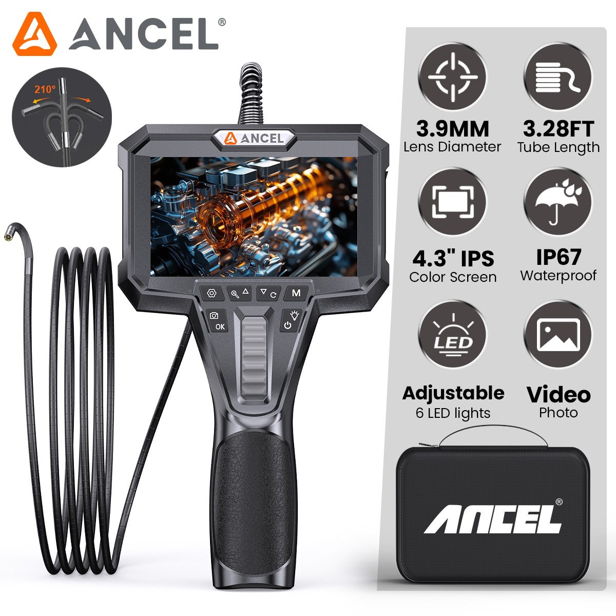 ANCEL AN303 Two-way 210° Articulating Inspection Endscope 3.9MM Camera Borescope