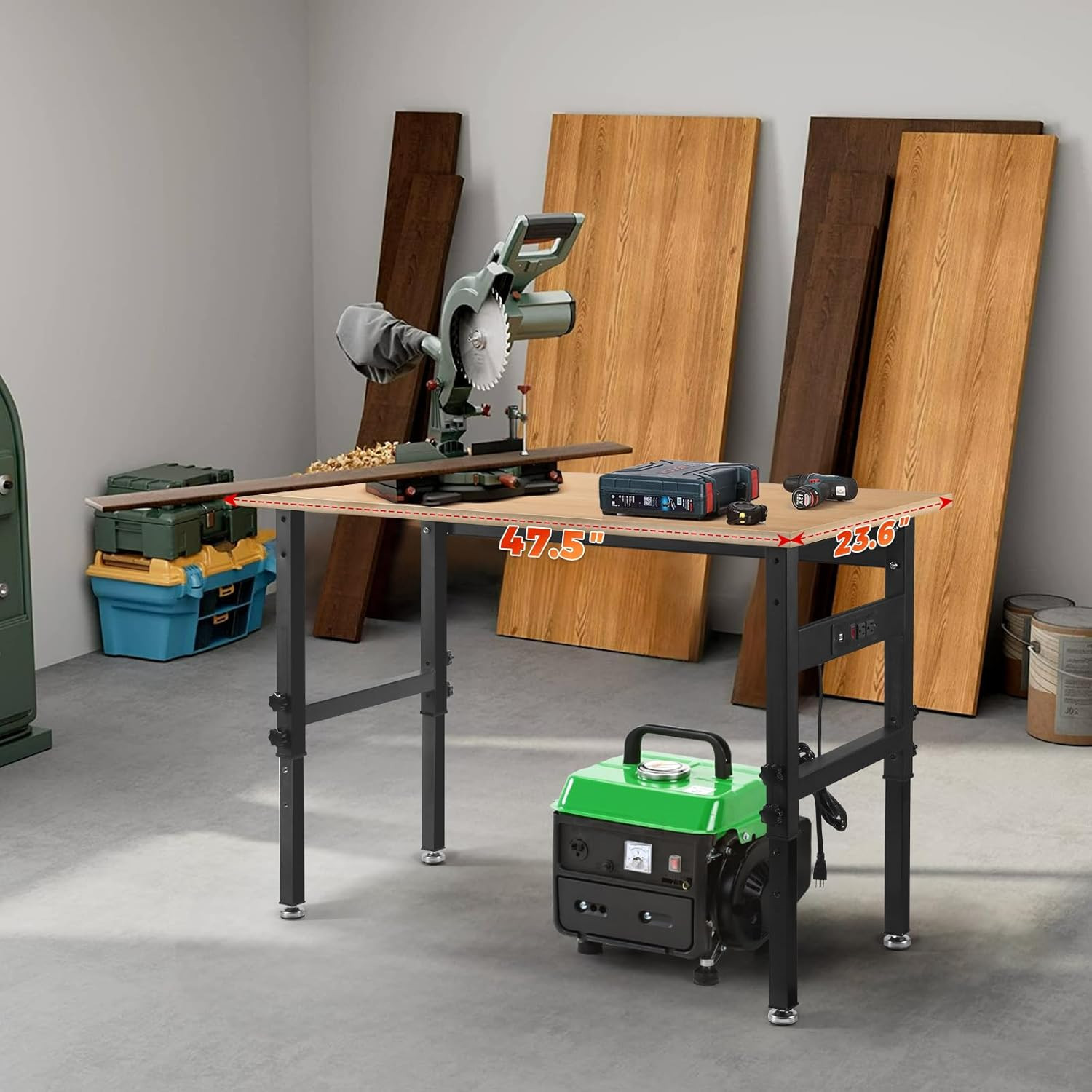 48" Adjustable Work Bench Garage Workbench with Power Outlets, 2200 Lbs Capacity