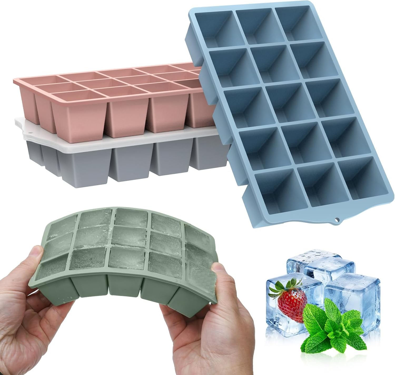 Silicone Ice Cube Tray with Lid, Mixed, Pack of 4 Ice Cube Moulds, Silicone