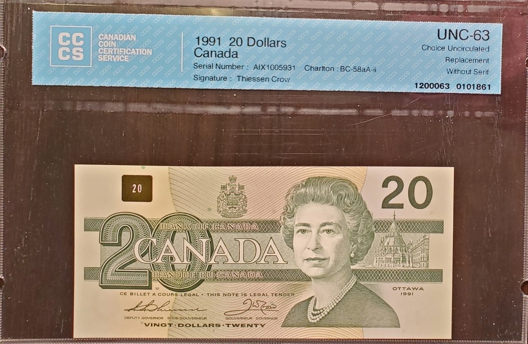 1991 $20 BC58aA-ii THIESSEN/CROW #AIX1005931 CCCS UNC 63 REPLACEMENT WITHOUT